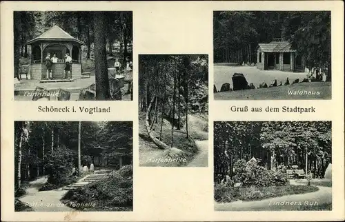 Ak Schöneck im Vogtland, Trinkhalle, Waldhaus, Partie an der Tonhalle, Lindners Ruh, Harfenfichte