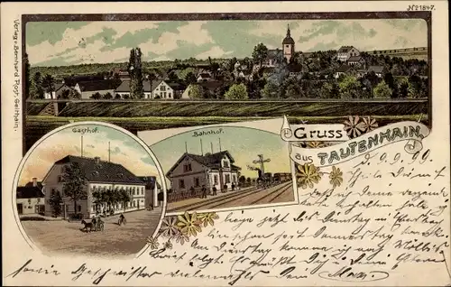 Litho Tautenhain Frohburg in Sachsen, Totalansicht, Bahnhof, Gasthof