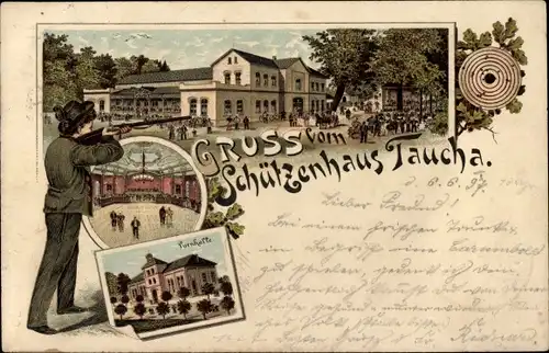 Litho Taucha in Nordsachsen, Schützenhaus, Turnhalle, Schütze mit Zielscheibe