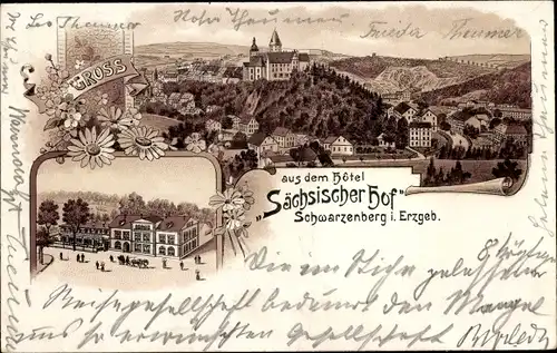 Litho Schwarzenberg im Erzgebirge Sachsen, Totalansicht, Hotel Sächsischer Hof