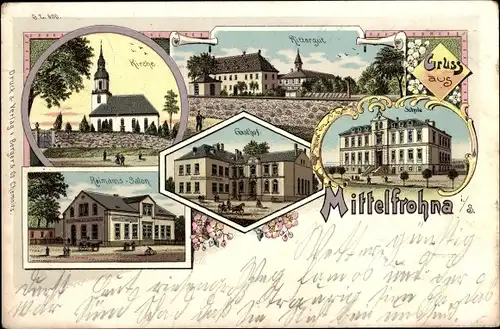 Litho Mittelfrohna Limbach Oberfrohna Sachsen, Rittergut, Gasthof, Reimanns Salon