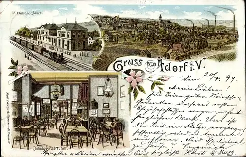 Litho Adorf im Vogtland, Bahnhof, Gleisseite, Totalansicht, Bahnhofs Restaurant, Innenansicht