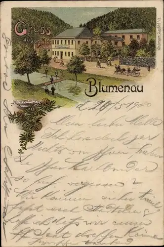 Litho Blumenau Schwarzatal in Thüringen, Gasthaus, Fluss, Brücke