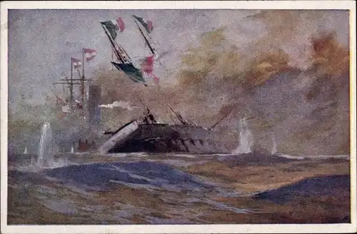 Künstler Ak Heusser, Harry, Österreichisches Kriegsschiff rammt ital. Kriegsschiff Re d'Italia