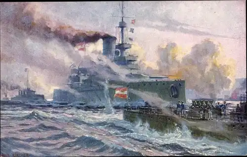 Künstler Ak Österreichisches Kriegsschiff SMS Monarch, Torpedoboote, Beschuss Antivari, kuk Marine