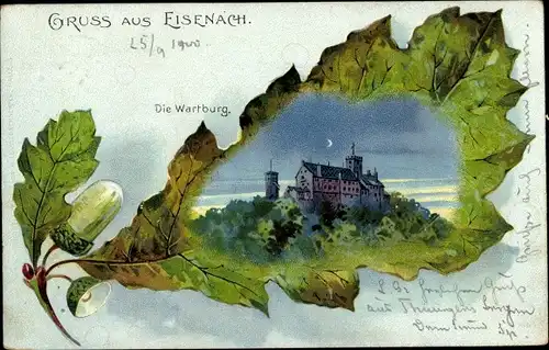 Eichenblatt Litho Eisenach, Wartburg, Bäume, Mond
