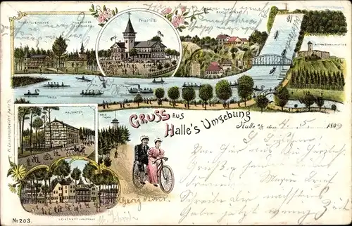 Litho Halle an der Saale, Peissnitz, Bergschenke, Ruine Giebichenstein, Waldkater, Tandem Fahrrad