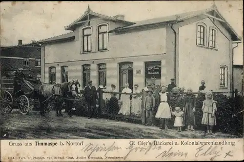 Ak Timmaspe in Schleswig Holstein, Bäckerei, Kolonialwaren-Geschäft, Pferde