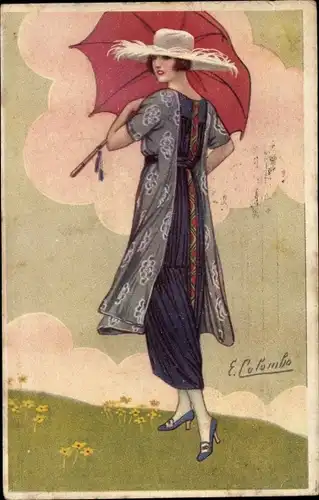 Künstler Ak Colombo, E., Junge Frau in blauem Kleid, Schirm