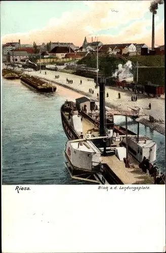 Ak Riesa Elbe Sachsen, Blick auf den Landungsplatz, Dampfer, Lastkähne