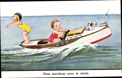 Künstler Ak Wills, John, Kinder auf einem Motorboot, Sprung ins Wasser