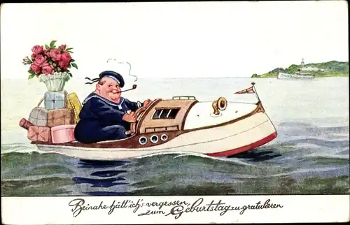 Künstler Ak Wills, John, Glückwunsch zum Geburtstag, dicker Mann im Boot mit Blumen und Geschenken