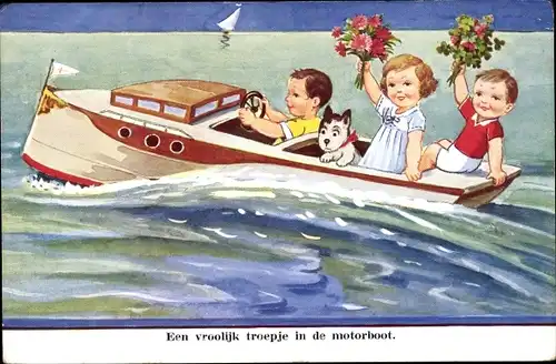 Künstler Ak Wills, John, Kinder im Motorboot, Blumensträuße, Hund