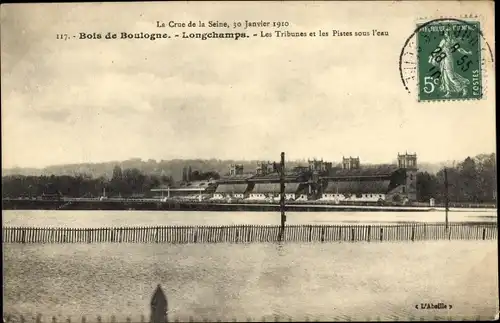Ak Paris XVI Bois de Boulogne, Hippodrom Longchamp, Tribünen, Seine Hochwasser 1910