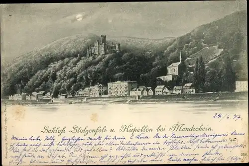 Mondschein Ak Stolzenfels Koblenz am Rhein, Schloss und Kapellen