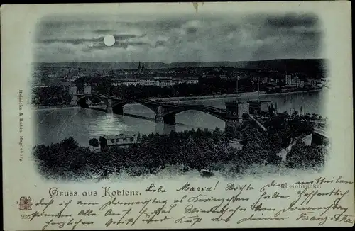 Mondschein Ak Koblenz, Rheinbrücke, Panorama