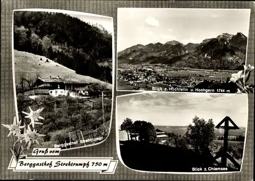 Ak Grassau in Oberbayern, Berggasthof Strehtrumpf, Hochfelln, Hochgern, Blick zum Chiemsee