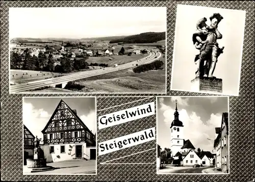 Ak Geiselwind im Steigerwald, Panorama mit Autobahn, hist. Murrmanndenkmal, Kirche, Post