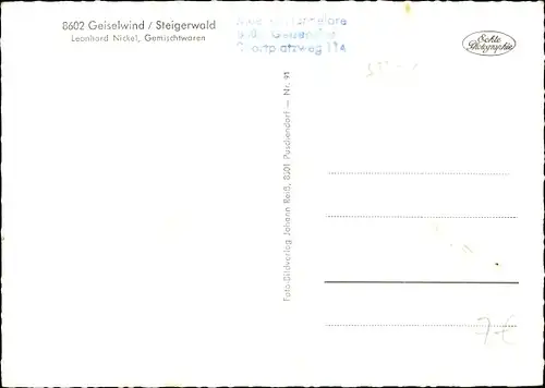 Ak Geiselwind im Steigerwald, Panorama mit Autobahn, hist. Murrmanndenkmal, Kirche, Post