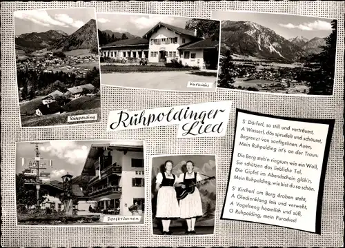 Ak Ruhpolding in Oberbayern, Ruhpoldinger Lied, Dorfbrunnen, Panorama, Kurhaus