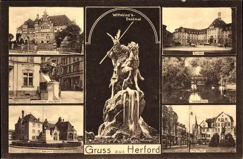 Ak Herford in Westfalen, Bahnhof, Rathaus, alter Markt, Wittekind's Denkmal