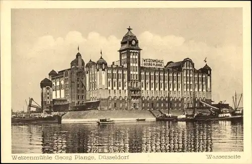 Ak Düsseldorf am Rhein, Weizenmühle Georg Plange, Wasserseite