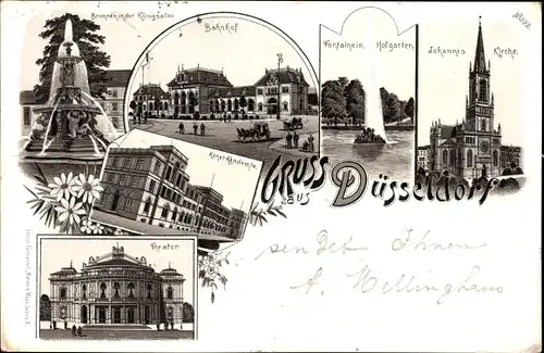 Litho Düsseldorf am Rhein, Bahnhof, Johanniskirche, Hofgarten, Kunstakademie, Theater, Brunnen