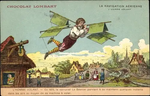 Ak La Navigation Aerienne, L'Homme Volant, Reklame, Chocolat Lombart, Paris