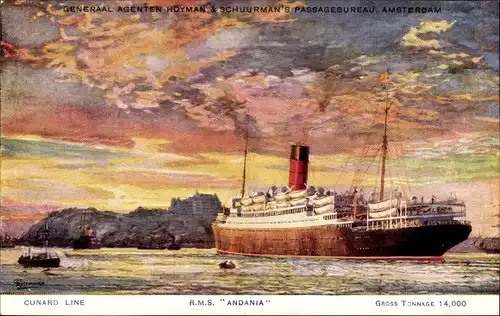 Künstler Ak Passagierdampfer RMS Andania, Cunard Line