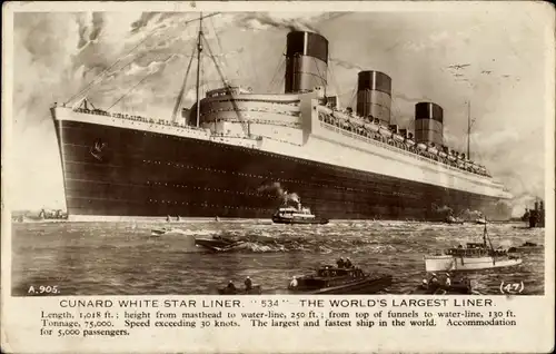 Ak Passagierdampfer 534, RMS Queen Mary, Cunard White Star Line