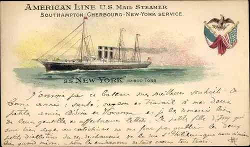 Litho Passagierdampfer SS New York, American Line