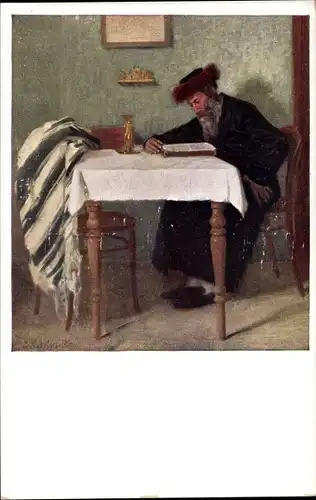 Judaika Künstler Ak Jüdischer Mann am Tisch, Buch, Tallit auf einen Stuhl gelegt