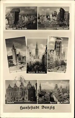 Ak Gdańsk Danzig, Krantor, Lange Brücke, Rathaus, Zeughaus, Marienkirche