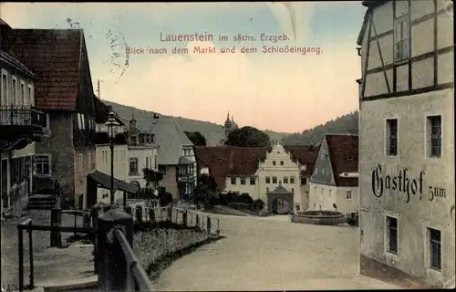 Ak Lauenstein im Müglitztal Altenberg, Schlosseingang, Markt, Gasthof