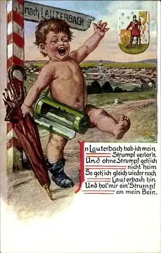 Wappen Künstler Ak Lauterbach in Hessen, Kind mit verlorenem Strumpf, Wegweiser