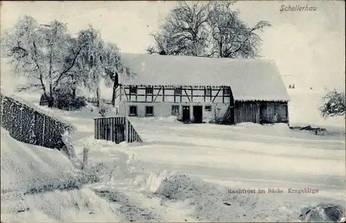 Ak Schellerhau Altenberg im Erzgebirge, Rauhfrost, Fachwerkhaus