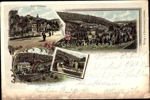 Litho Kipsdorf Altenberg im Erzgebirge, Gesamtansicht, Hotel Fürstenhof, Hotel Restaurant Halali