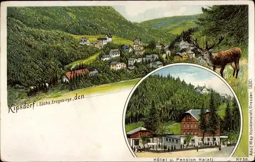 Litho Kipsdorf Altenberg im Erzgebirge, Ort mit Umgebung, Hotel Halali, Hirsch