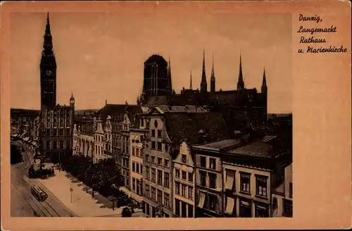 Ak Gdańsk Danzig, Langemarkt, Rathaus, Marienkirche