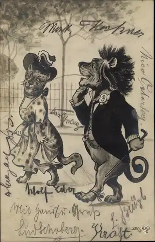 Ak Vermenschlichte Tiere, Löwenmann, Leopardendame