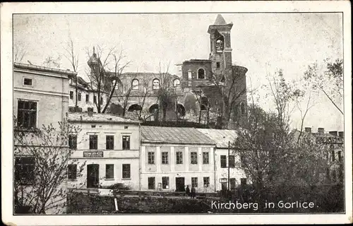 Ak Gorlice Polen, Kirchberg, Blick auf die zerstörte Kirche, I. WK