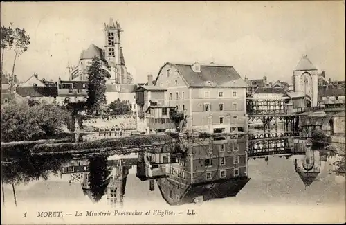 Ak Moret-sur-Loing Seine et Marne, La Minoterie Provencher et l'Église