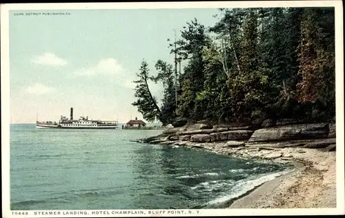 Ak Bluff Point New York USA, Dampferlandung, Hotel Champlain