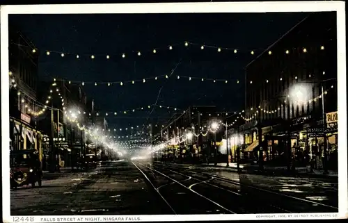 Ak Niagara New York USA, Falls Street bei Nacht