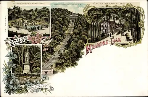 Litho Bad Ems an der Lahn, Malberg, Malbergbahn, Hotel, Schwanenweiher, Denkmal Kaiser Wilhelm