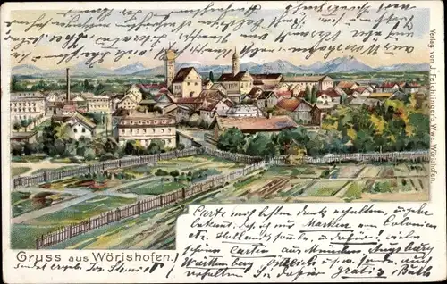 Litho Bad Wörishofen im Unterallgäu, Totalansicht, Gebirge