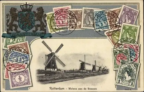 Präge Briefmarken Wappen Ak Rotterdam Südholland Niederlande, Windmühlen