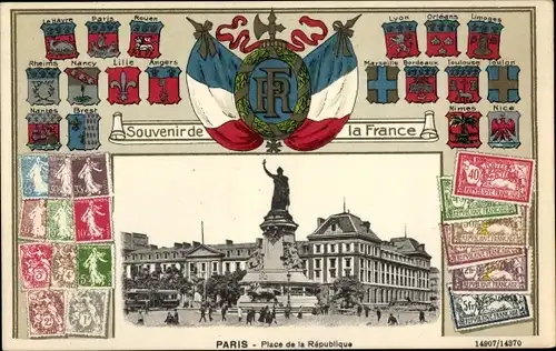 Präge Briefmarken Wappen Ak Paris III., Place de la Republique