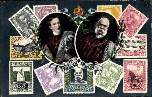 Briefmarken Ak Österreich, Kaiser Franz Joseph I., Jubiläum 1908