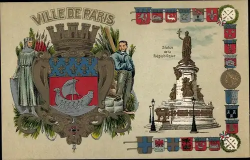 Präge Wappen Litho Paris III., Ville de Paris, Statue de la Republique